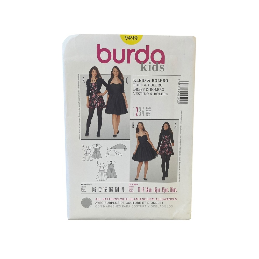 Burda Kids 9499 Dress & Bolero Sewing Pattern Sizes 11-16 Youth